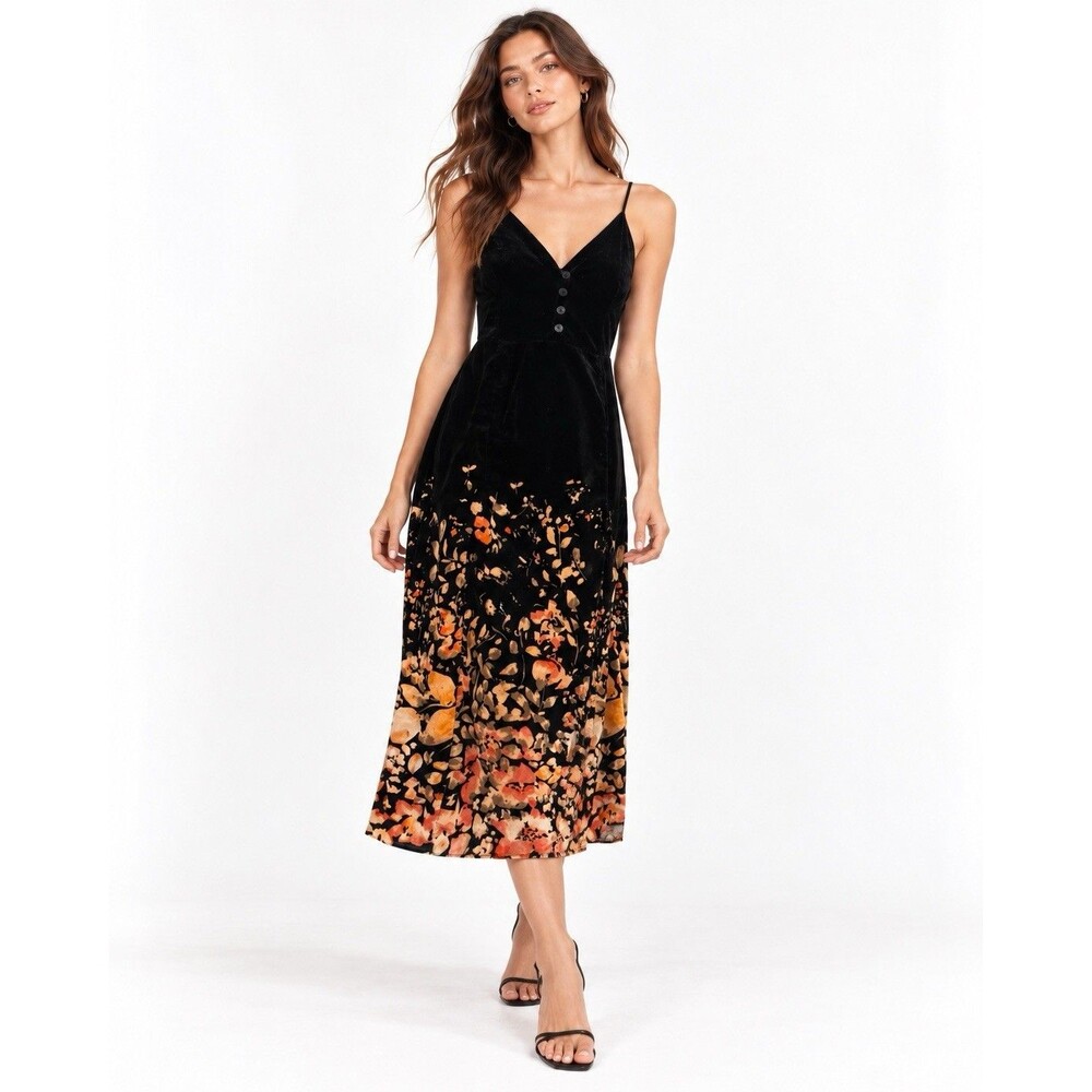 Urban Outfitters Black Velvet Floral Maxi Slip Dress Y2K Boho XS Whimsigoth